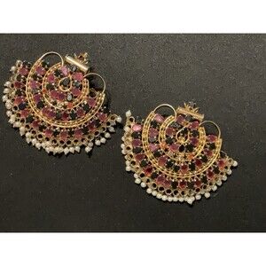 1 Pair Gold Plated Temple Jewlery Pink & Black W/ Pearl Droplets Pins